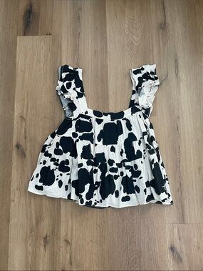 miami Black and White Cow Print Ruffle Strap Crop Top